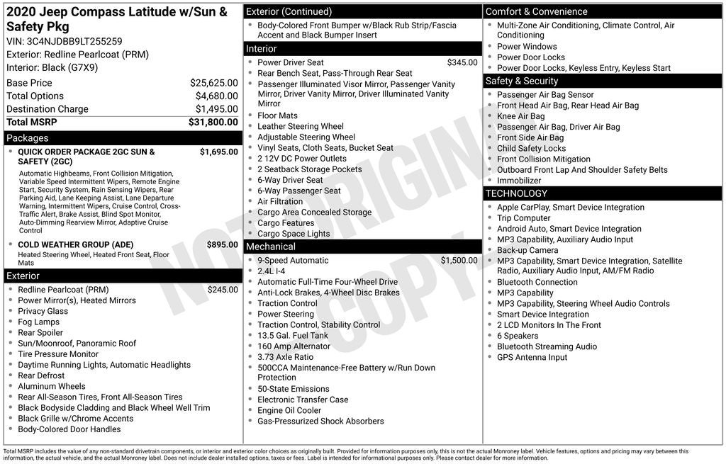 2020 Jeep Compass Latitude w/Sun/Safety Pkg
