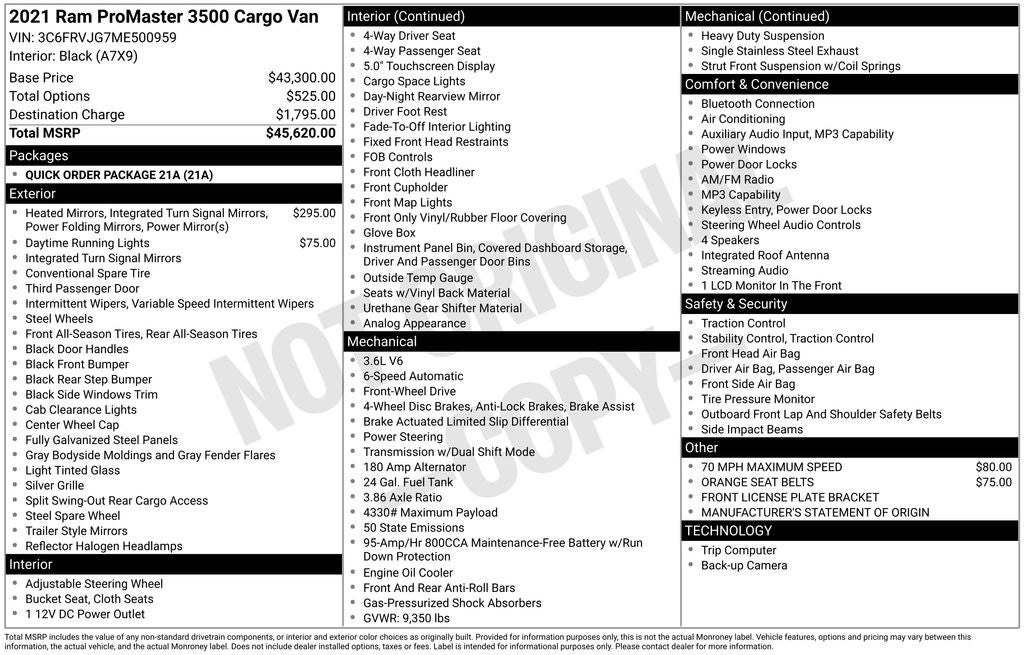 2021 RAM ProMaster Cargo Van High Roof 159 WB