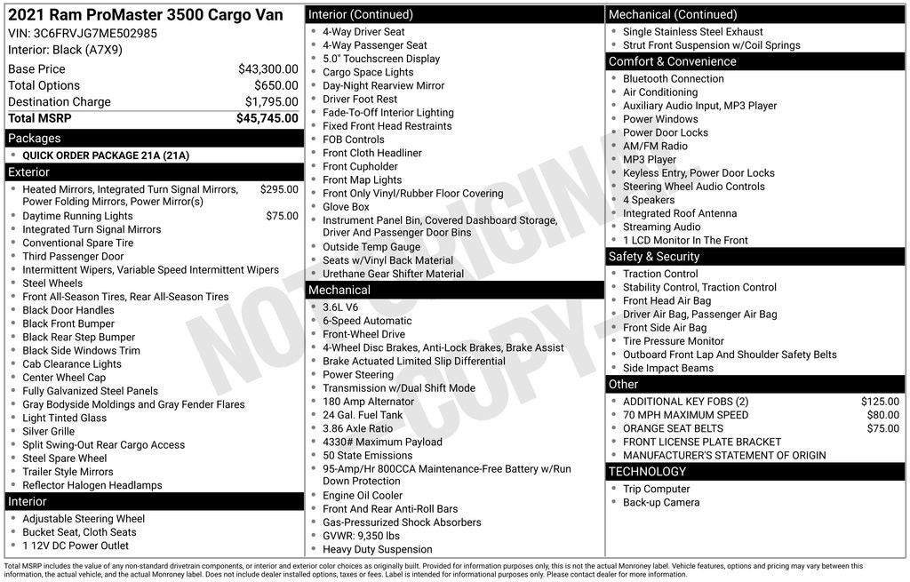 2021 RAM ProMaster Cargo Van 3500 High Roof 159" WB EXT