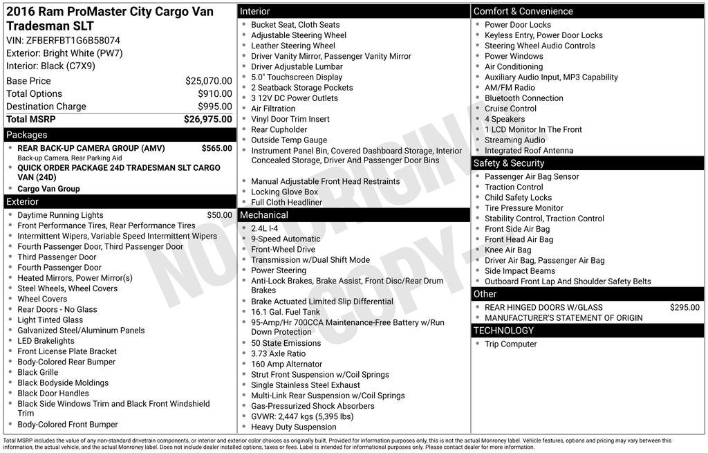 2016 RAM ProMaster City SLT 122 WB