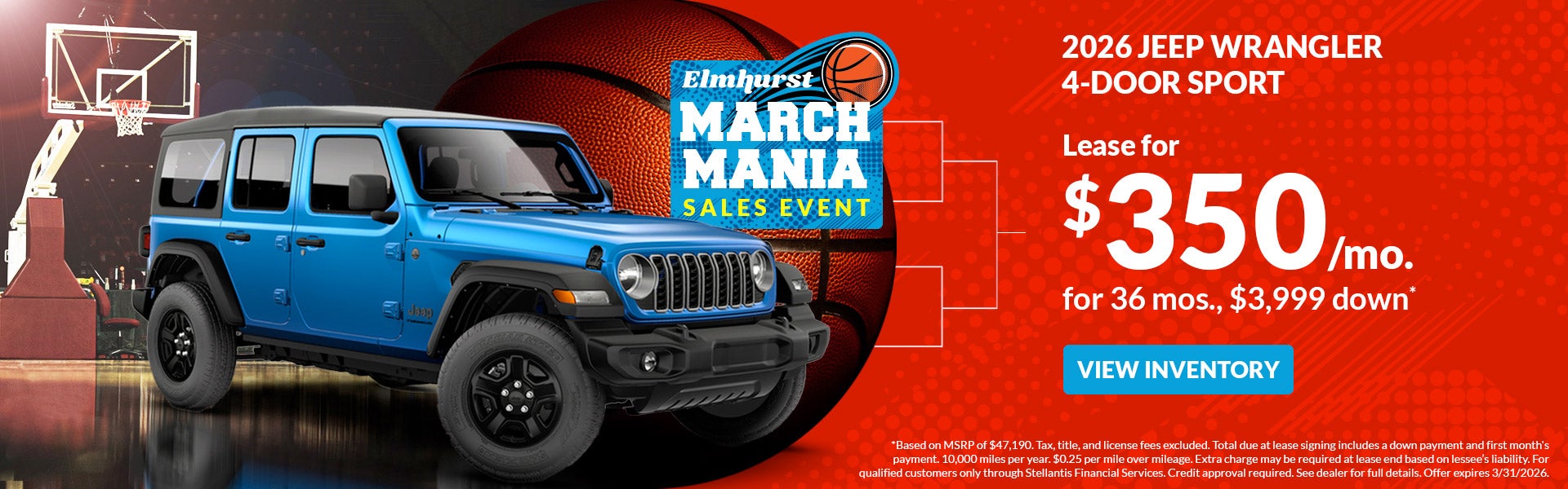  Lease 2026 Jeep Wrangler 4D Sport $350/mo. for 36 mos.* 